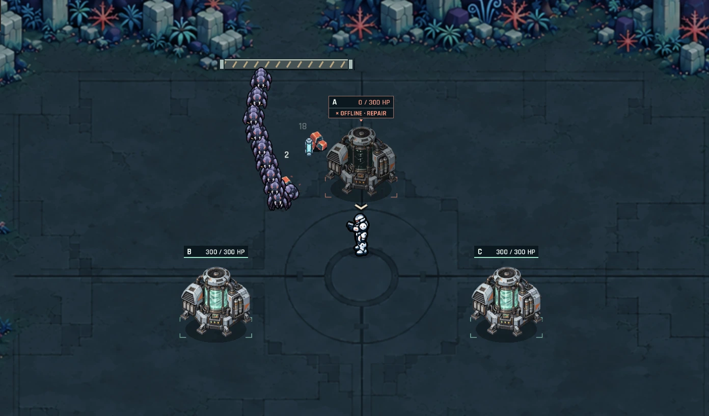 Eminent Domain: an armored character and three towers defend an alien arena against a purple swarm.